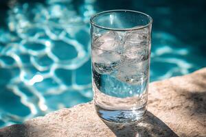 A glass of water sitting on a ledge near a pool photo