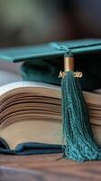 A green graduation cap sits on top of an open book photo