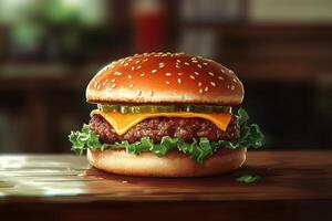 A hamburger is sitting on a table photo