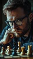 A man in glasses is playing chess photo