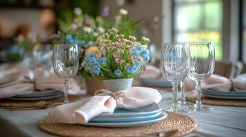 A table setting with blue plates and white napkins photo
