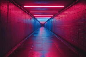 A long tunnel with neon lights and a red light photo
