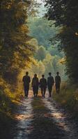 Four people walking down a dirt road in the woods photo