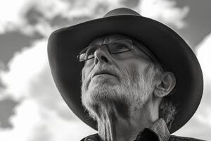 A man wearing a cowboy hat and glasses photo