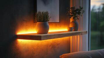 A shelf with a light on it in a room photo