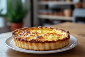 A quiche on a white plate on a wooden table photo