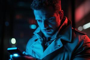 A man in a trench coat looking at his phone photo