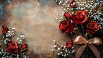 Red roses and baby's breath on a grunge background photo