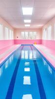 A large indoor swimming pool with pink walls photo