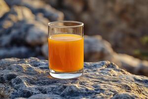 A glass of orange juice sitting on a rock photo