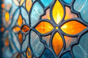 A close up of a stained glass window with a light photo