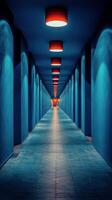 A long hallway with blue walls and red lights photo