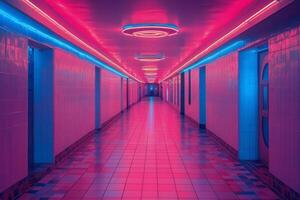 A long hallway with neon lights and a ceiling light photo
