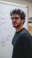 A man in glasses standing in front of a whiteboard photo