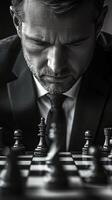 A man in a suit and tie is playing chess photo