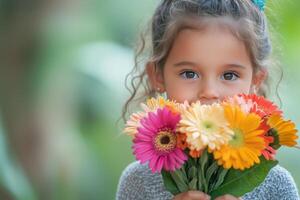A little girl holding a bunch of flowers photo