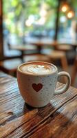 A cup of coffee with a heart on it sits on a table photo