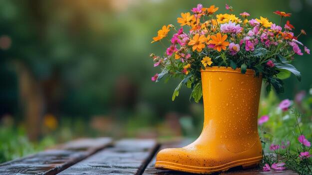 A yellow rubber boot with flowers in it photo