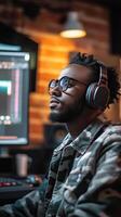 A man wearing headphones in front of a computer screen photo