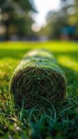 A roll of artificial grass laying on the ground photo