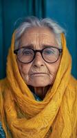 An old woman wearing glasses and a yellow scarf photo