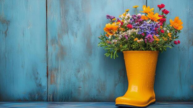 A yellow rubber boot with flowers in it photo