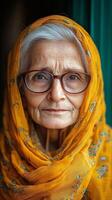 An old woman wearing glasses and a yellow scarf photo