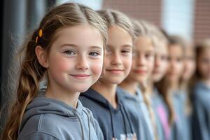 A group of young girls are standing in front of a building photo