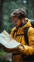 Man in yellow jacket looking at map in forest photo