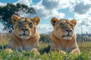 Two lions sitting in the grass on a sunny day photo
