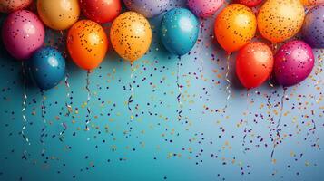 Colorful balloons and confetti on a blue background photo