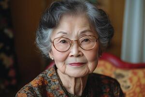 An older woman with glasses sitting in a chair photo