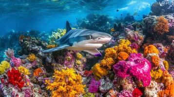 A shark swimming over a coral reef with colorful fish photo