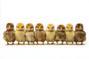 A group of baby chickens standing in a row photo