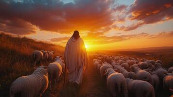 Jesus walking among the sheep at sunset photo