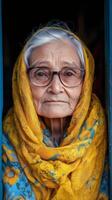 An old woman wearing glasses and a yellow scarf photo