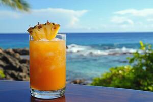 A drink with a pineapple on top of it sitting on a table photo