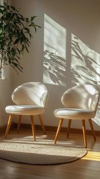 Two white chairs in front of a window photo