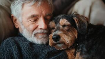 An older man with a dog laying on his chest photo