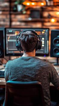 A man wearing headphones sits at a desk with two computer monitors photo