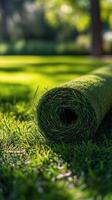 A roll of artificial grass is laying on the grass photo