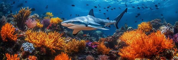 A shark swimming in the ocean surrounded by coral photo
