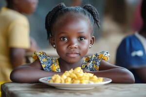 A young girl sits at a table with a plate of food photo