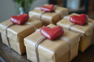 Four wrapped gift boxes with red hearts tied to them photo
