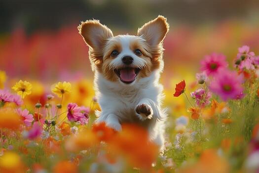 A dog running through a field of flowers photo