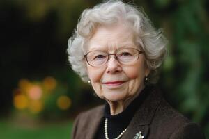 An older woman with glasses and a brown jacket photo