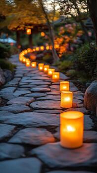 Lit candles on a stone path photo