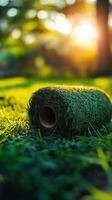 A roll of artificial grass laying on the grass photo