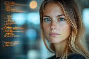 A woman with blue eyes looking at a computer screen photo