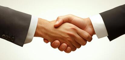 Two business people shaking hands over a white background photo